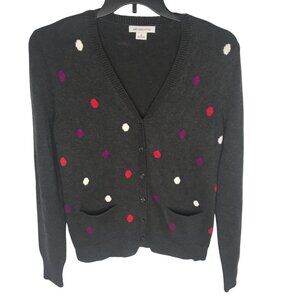 Preppy Cardigan Sweater Womens Medium Gray Button Front Polka Dot Pockets twee